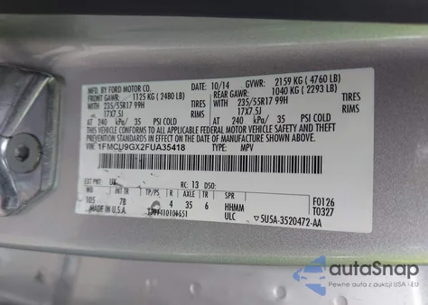 2015 Ford Escape Se из США, поврежденный, VIN 1FMCU9GX2FUA35418